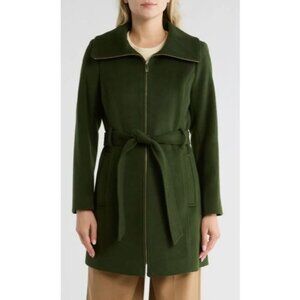 Michael Kors Womens Green Wool Blend Full Zip Belt Mid Length Pea Coat Sz M New